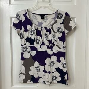 Ann Taylor Floral Knit Y2K Babydoll Top Sz M Cap Sleeve Purple, Navy, Cream